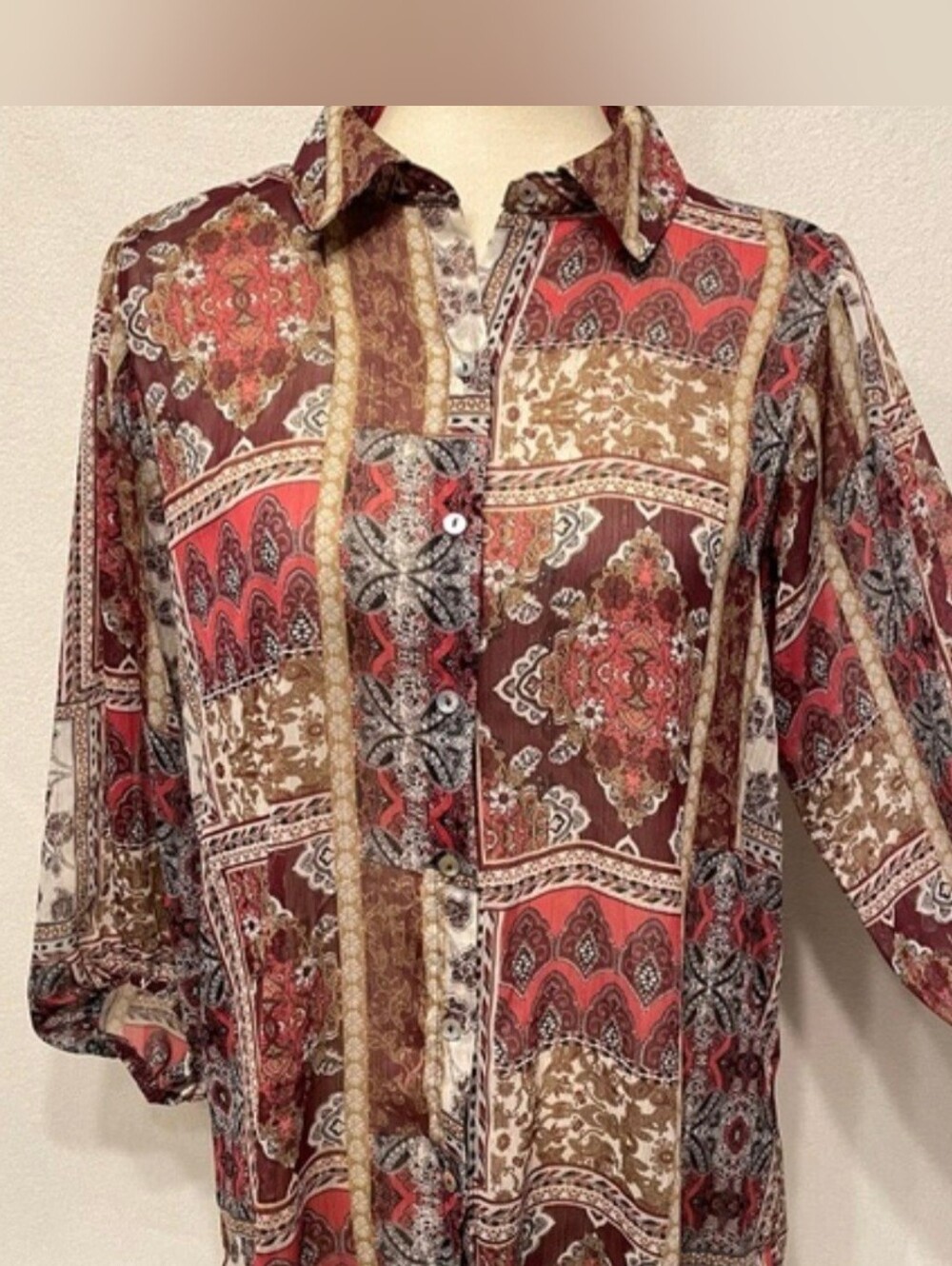 Haver London Sheer Patchwork Print Long-Sleeve Shirt Dress in Burgundy and Cream